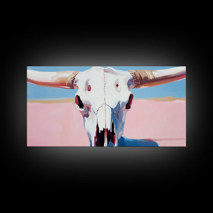 Bull Skull Painting, Southwest Wall Art, Pink and Blue Art, Rustic Western Decor, Framed Canvas Print, Extra Wide Art, Boho Art