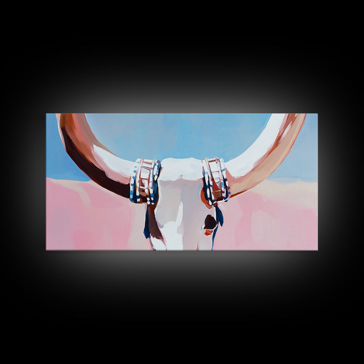 Bull Skull, Skull Art, Rustic Wall Art, Wabi Sabi Art, Southwest Wall Art, Long Narrow Wall Art, Canvas Print, Farmhouse Art, Extra Wide Art