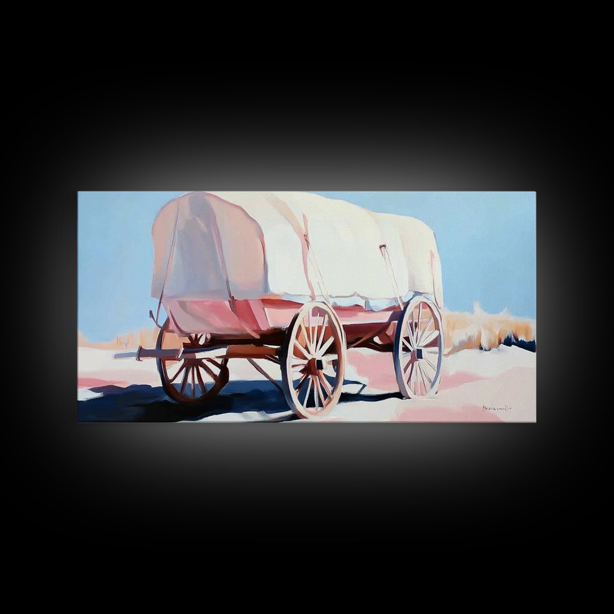 Covered Wagon, Vintage Western Art, Rustic Wall Art, Farmhouse Art, Coastal Cowgirl Wall Art, Light Pink Wall Art, Framed Canvas Print, Extra Wide Art