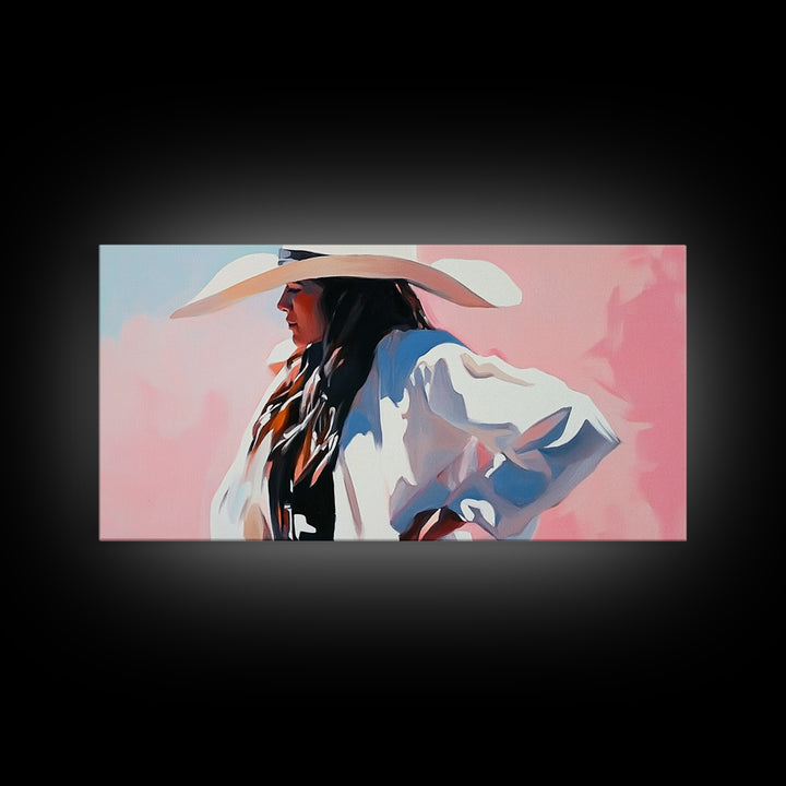 Cowgirl in White, Black Cowgirl Painting, Coastal Cowgirl Wall Art, Rustic Decor, Light Pink Wall Art, Canvas Print, Bedroom Art, Moody Art