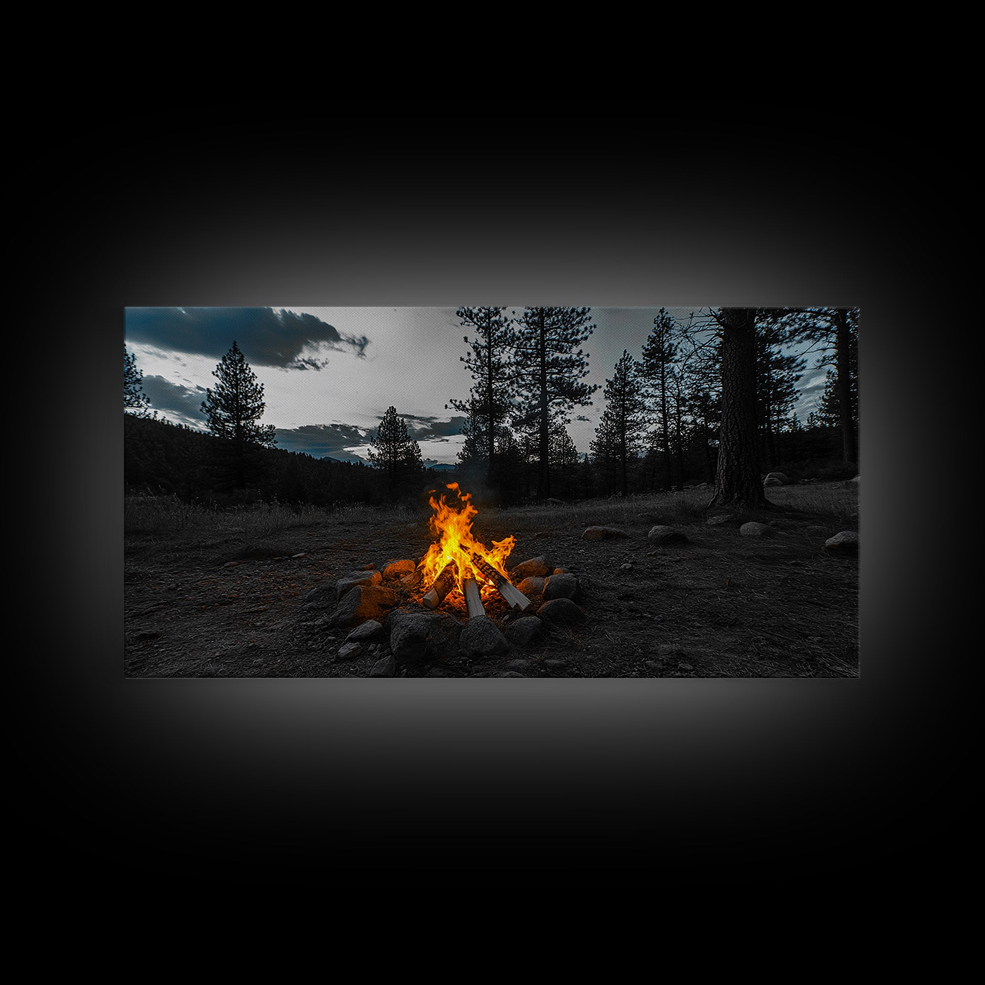 Campfire Under Pine Trees Canvas Print | Forest at Dusk Painting | Rustic Wall Art | Moody Landscape Art | Above Sofa Art | Extra Wide Art