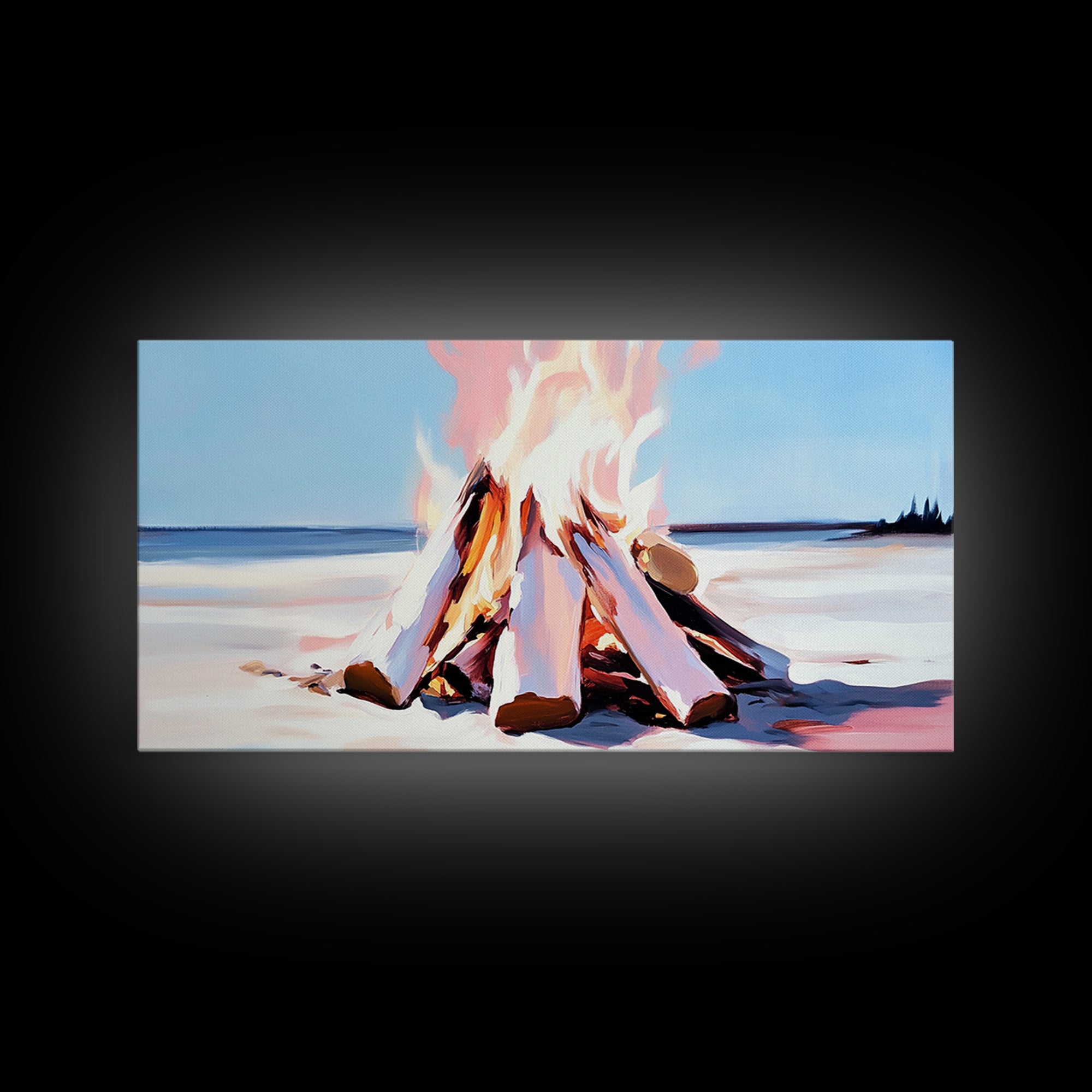 Campfire, moody art, coastal landscape art, framed canvas print, rustic decor, fire painting, extra wide art, landscape painting
