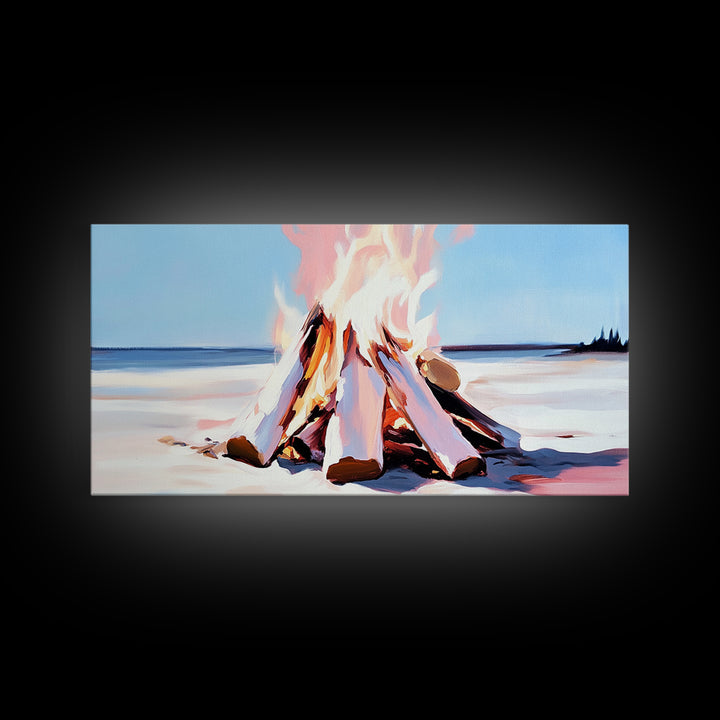 Campfire, moody art, coastal landscape art, framed canvas print, rustic decor, fire painting, extra wide art, landscape painting