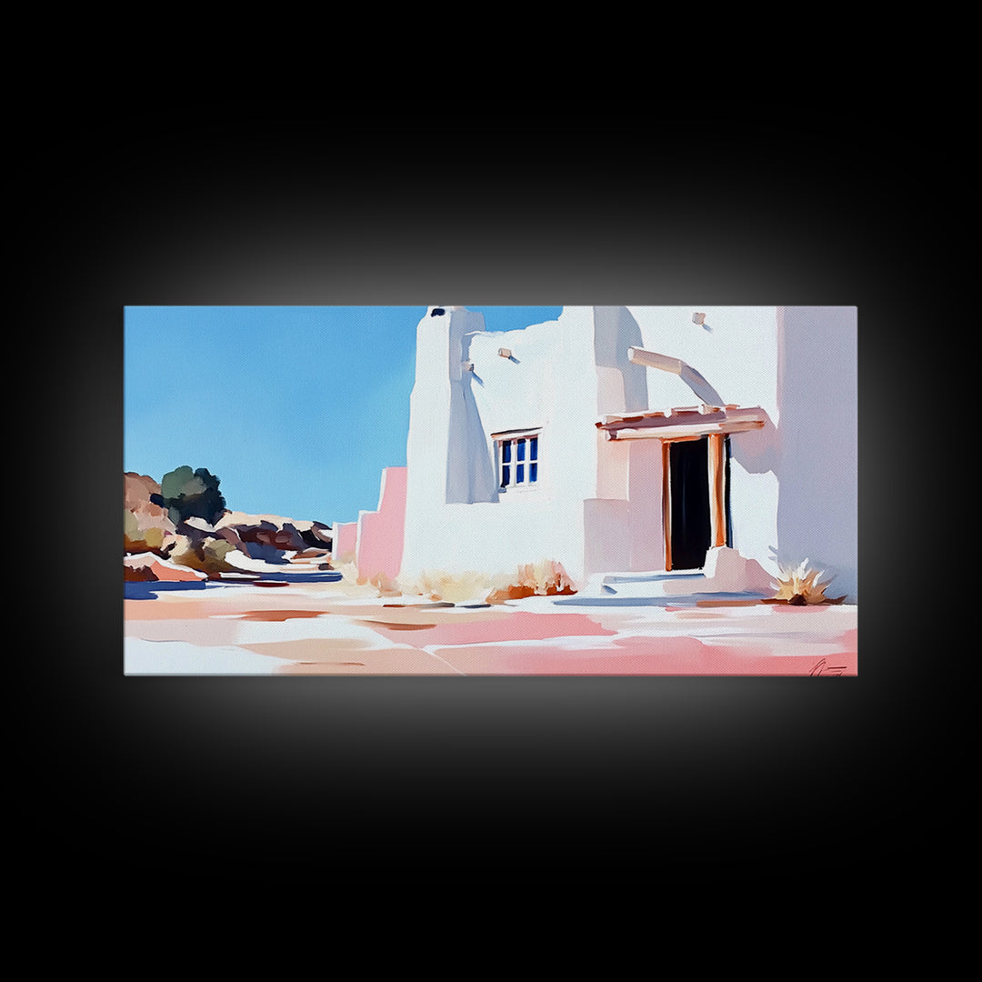 Adobe house, southwest art, rustic decor, framed canvas print, landscape painting, minimalist art, extra wide art, Joshua tree art