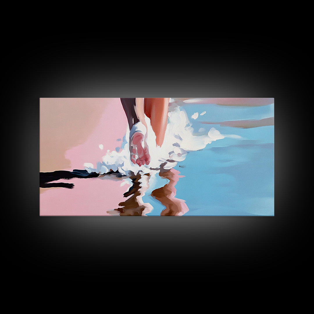Barefoot Beach Walk, coastal decor, ocean painting, seascape painting, pink abstract art, light pink wall art, canvas print