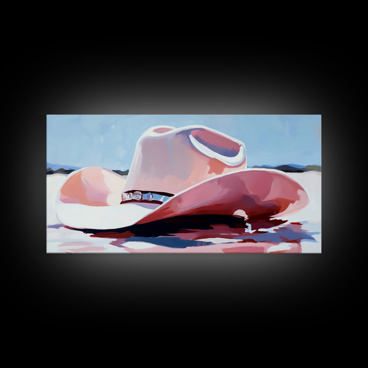 Cowboy Hat in Desert, western art, vintage cowgirl, rustic wall art, pink wall art, light pink wall art, framed canvas print