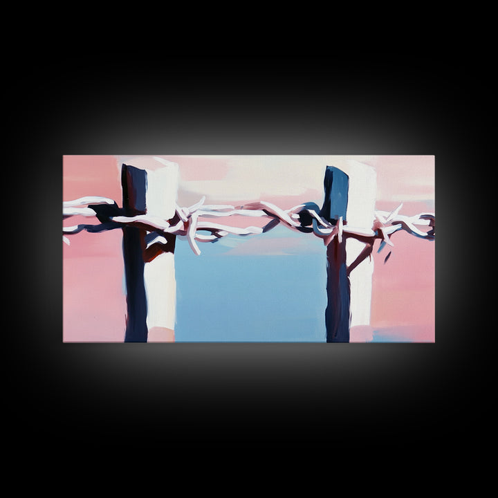 Barbed Wire Fence, rustic decor, pink abstract art, southwest wall art, minimalist art, boho art, framed canvas print