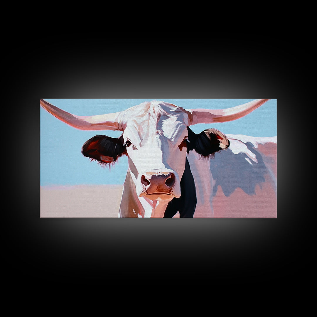 Bull And Bear Art, Rustic Wall Art, Farmhouse Art, Vintage Western Painting, Coastal Cowgirl Art, Framed Canvas Print, Above Couch Art