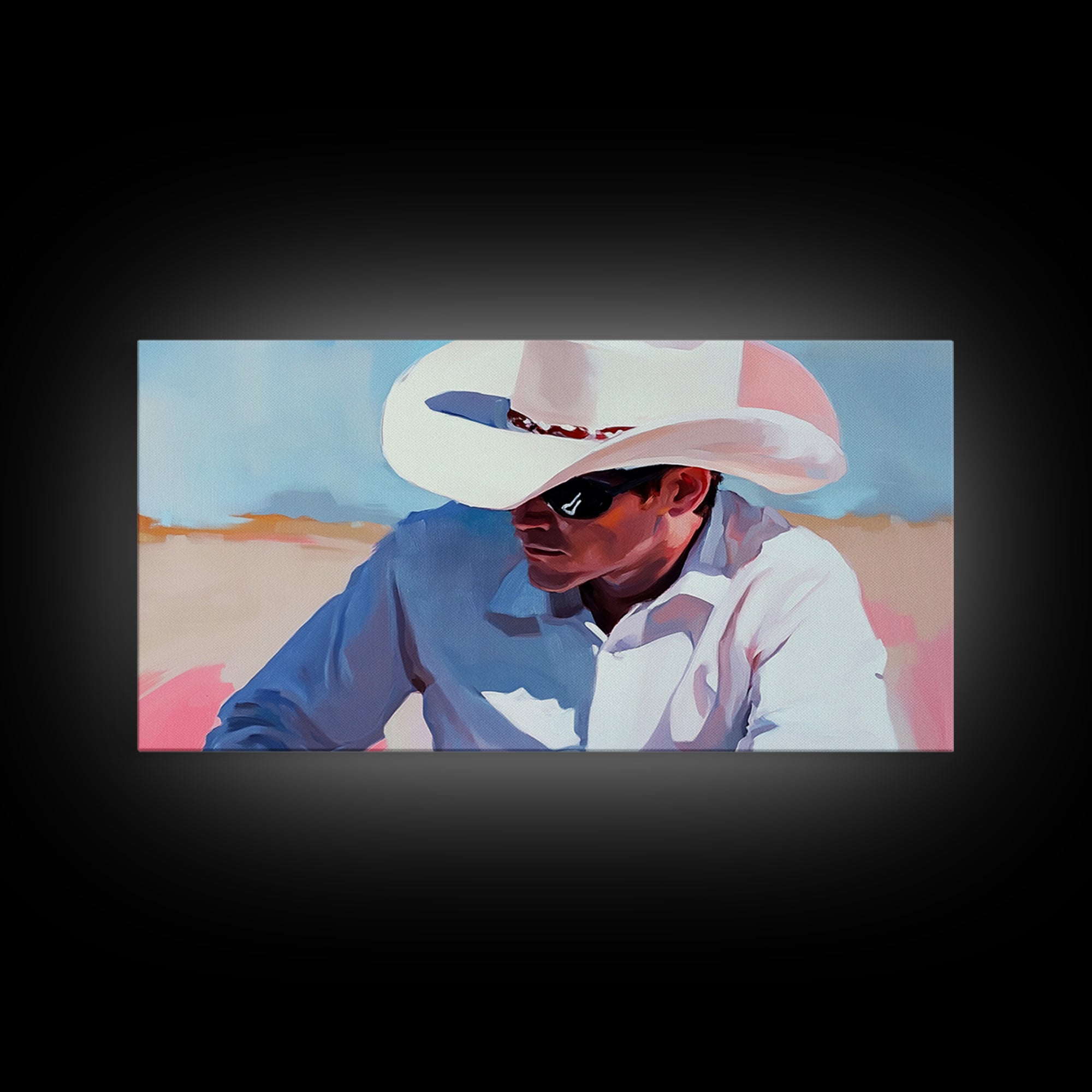 Cowboy Painting, Western Art, Rustic Wall Art, Coastal Cowgirl Art, Lofi Art, Chicano Art, Framed Canvas Print, Extra Wide Art, Panoramic Art
