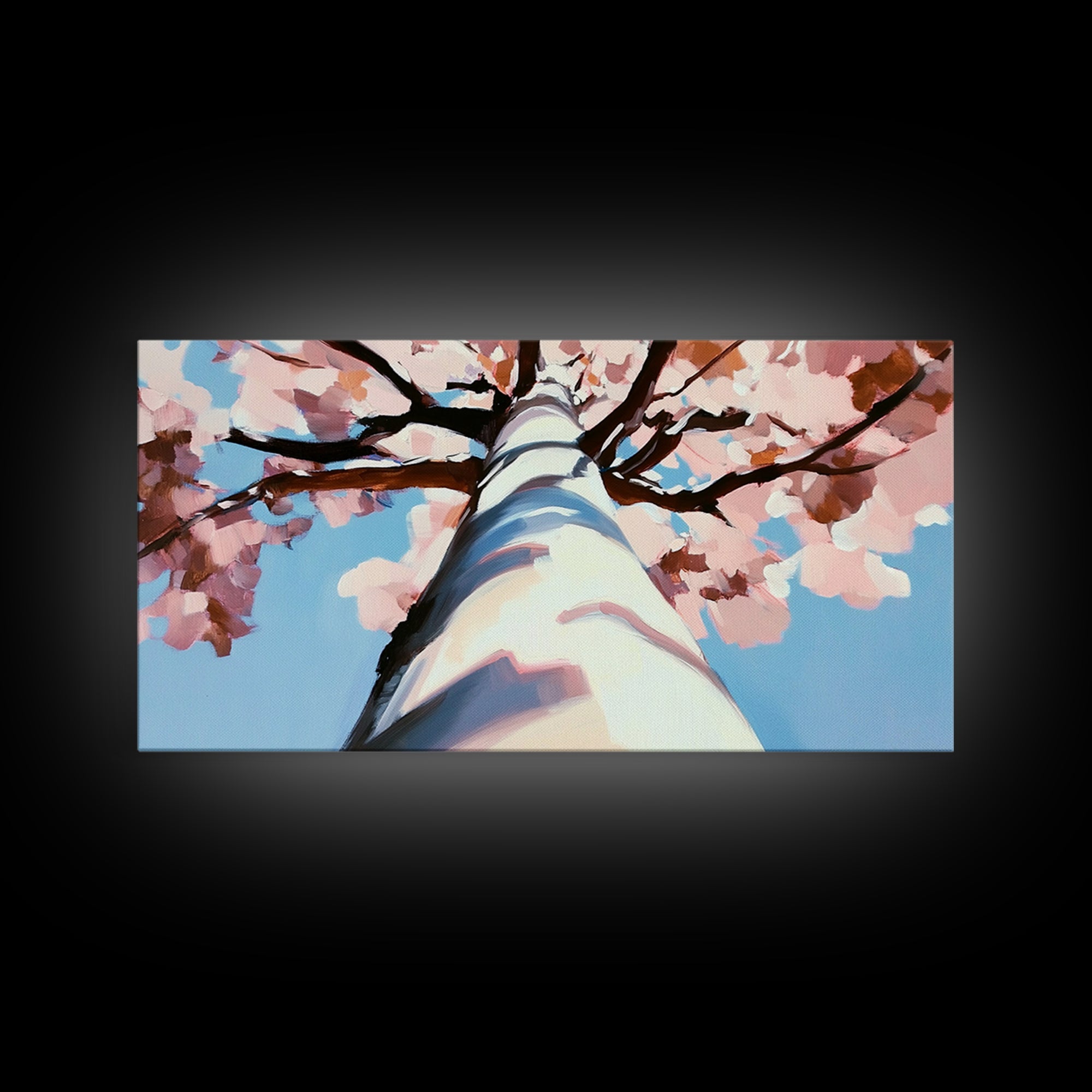 Cherry Blossom Painting, Birch Tree Art, Pink Wall Art, Botanical Prints, Extra Wide Art, Canvas Print, Above Sofa Art, Horizontal Wall Art