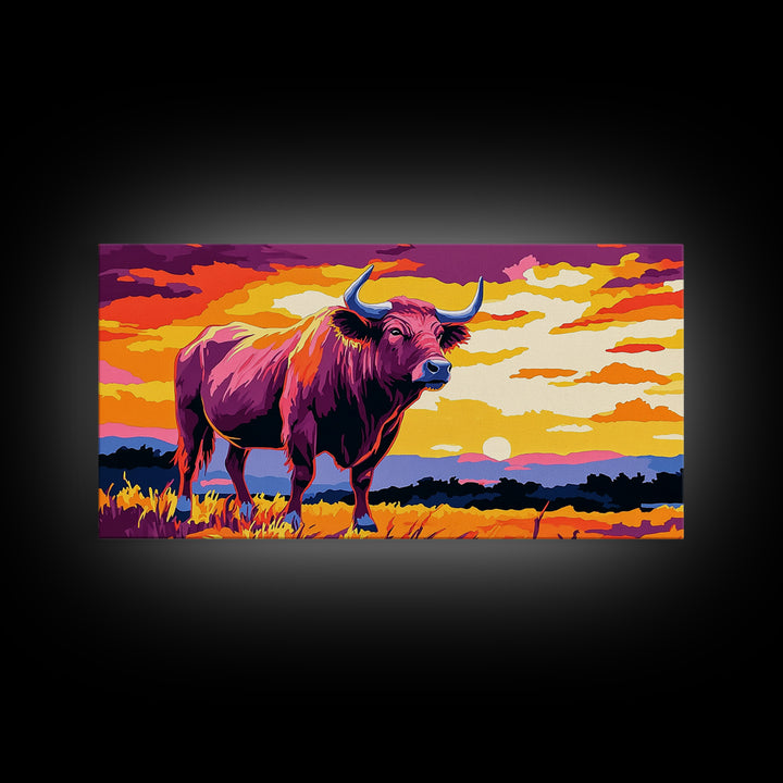 Bull Sunset, bull and bear art, rustic wall art, farmhouse decor, sunset painting, moody art, framed canvas print