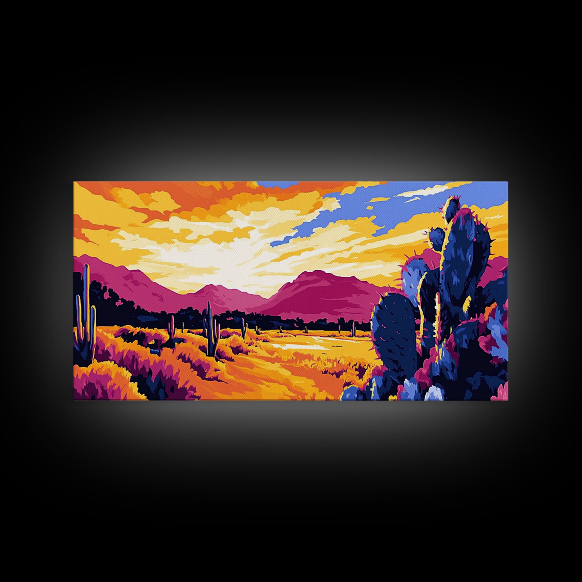 Desert Cactus, southwest wall art, mountain painting, rustic decor, landscape painting, panoramic art, Framed Canvas Print, extra wide art