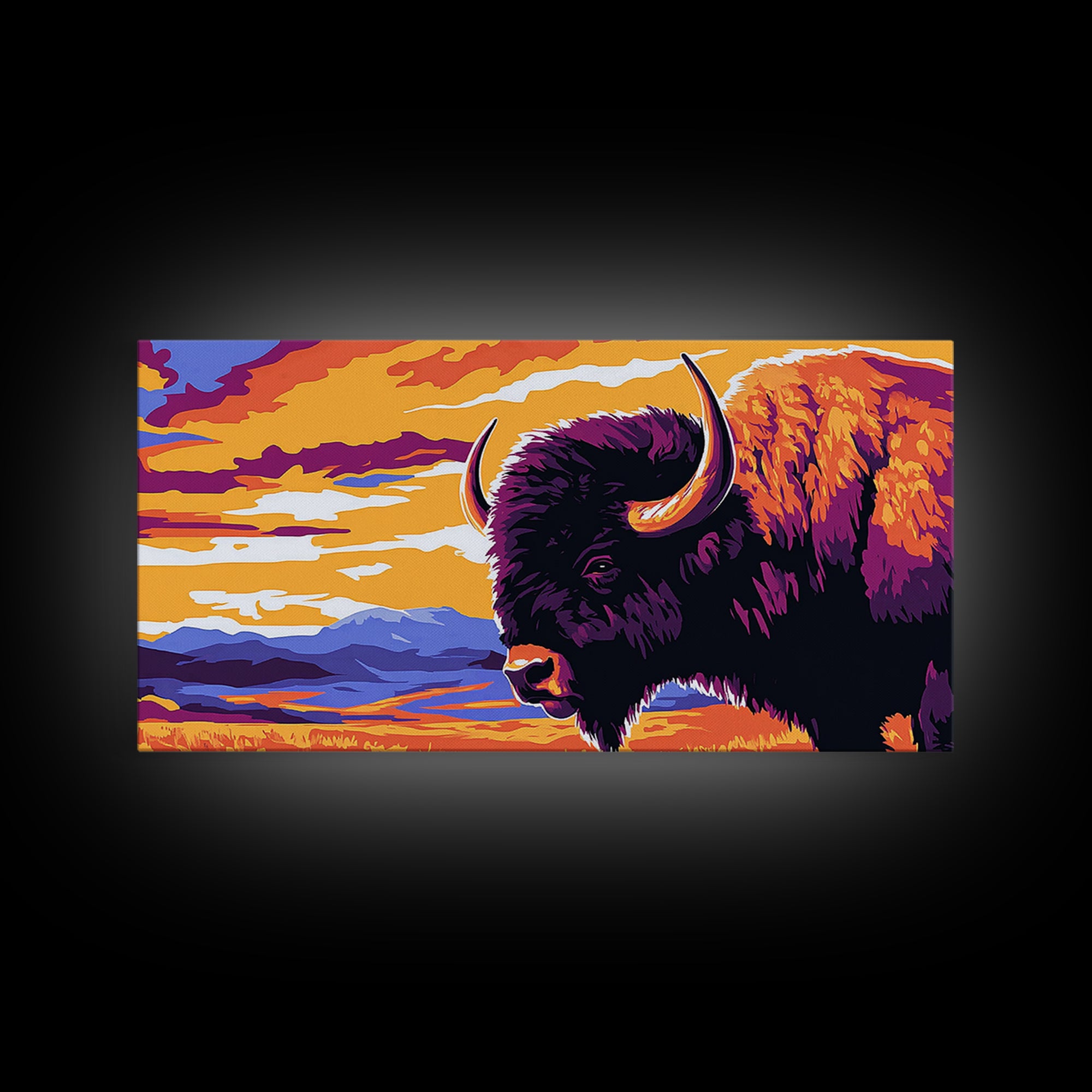 Bison Plains, rustic wall art, mountain painting, southwest wall art, landscape painting, extra wide art, Framed Canvas Print, farmhouse decor