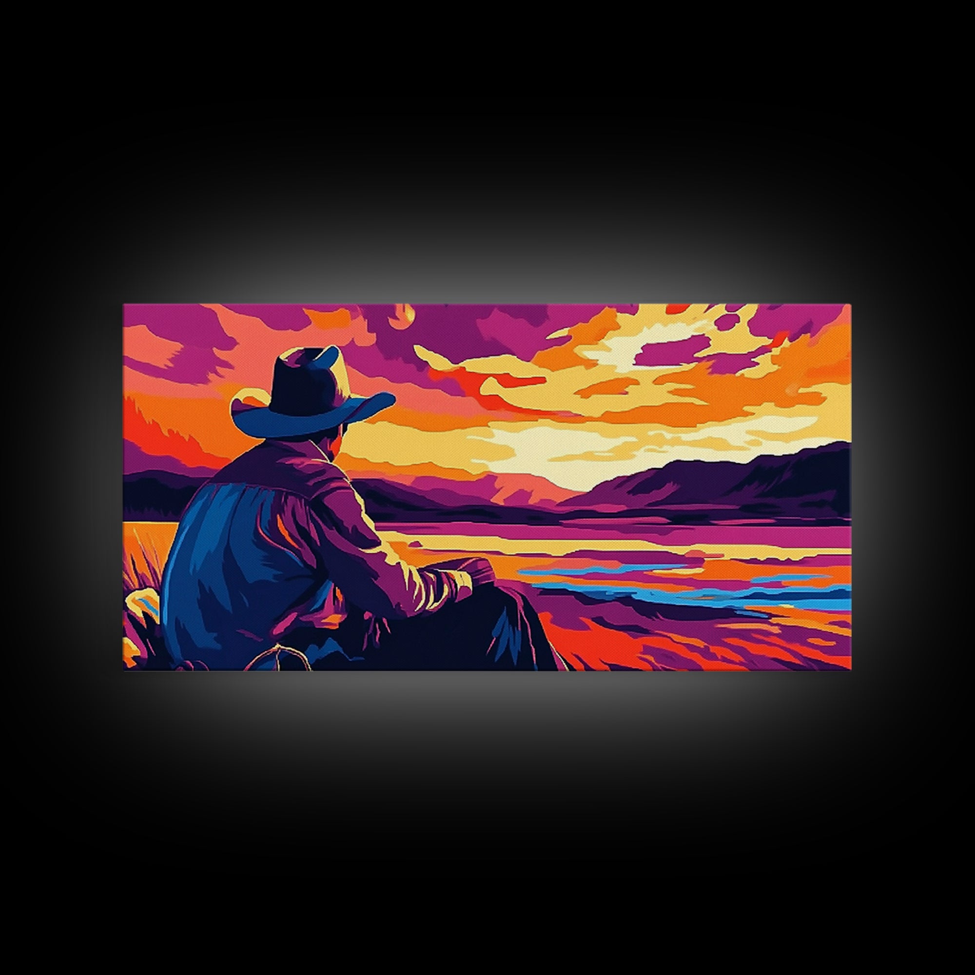 Cowboy Sunset, western art, landscape painting, rustic decor, panoramic art, farmhouse art, Framed Canvas Print, gift idea, extra wide art