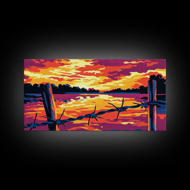 Barbed wire, rustic fence, cowboy art, sunset glow, farmhouse wall art, panoramic painting, western landscape, framed canvas print