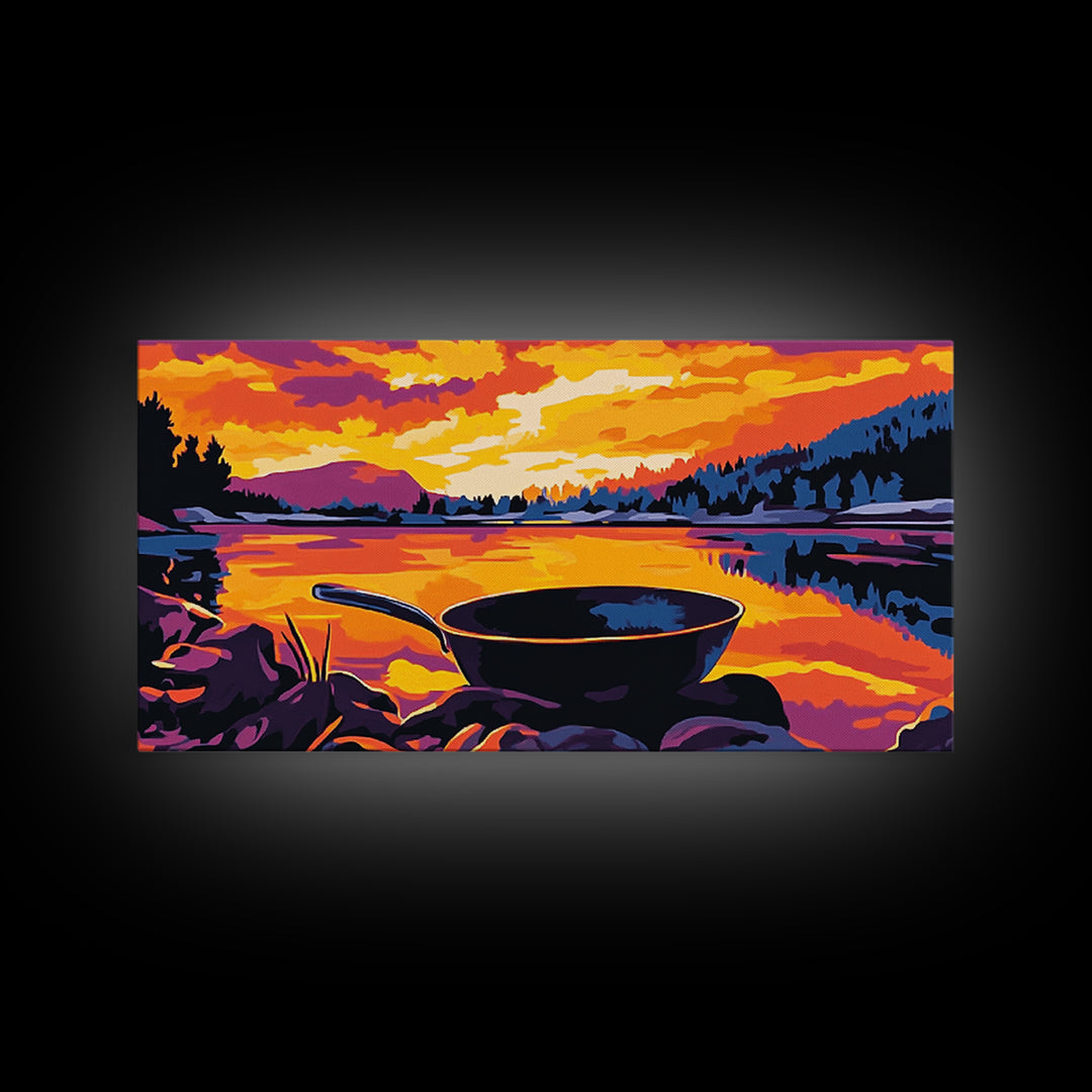 Cast iron pan, outdoor cooking, cowboy camping, rustic kitchen decor, lakeside sunset, nostalgic western art, framed canvas print