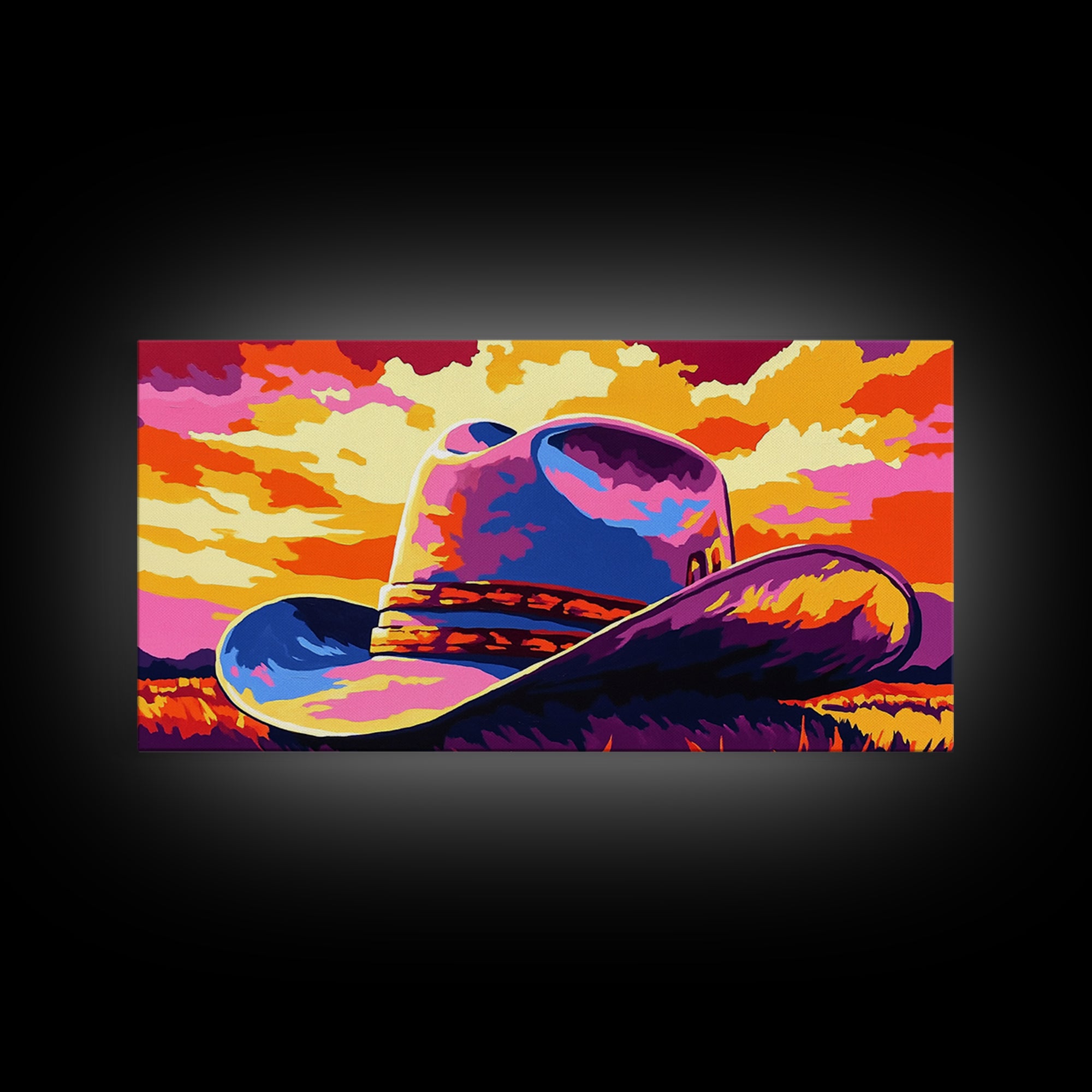 Cowboy hat, western decor, rustic style, bold colors, country aesthetic, southwest wall art, moody sunset, framed canvas print