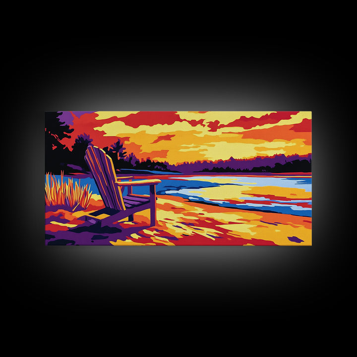 Adirondack chair, lake view, relaxing sunset, cabin art, rustic landscape, extra wide art, nature lover decor, canvas print