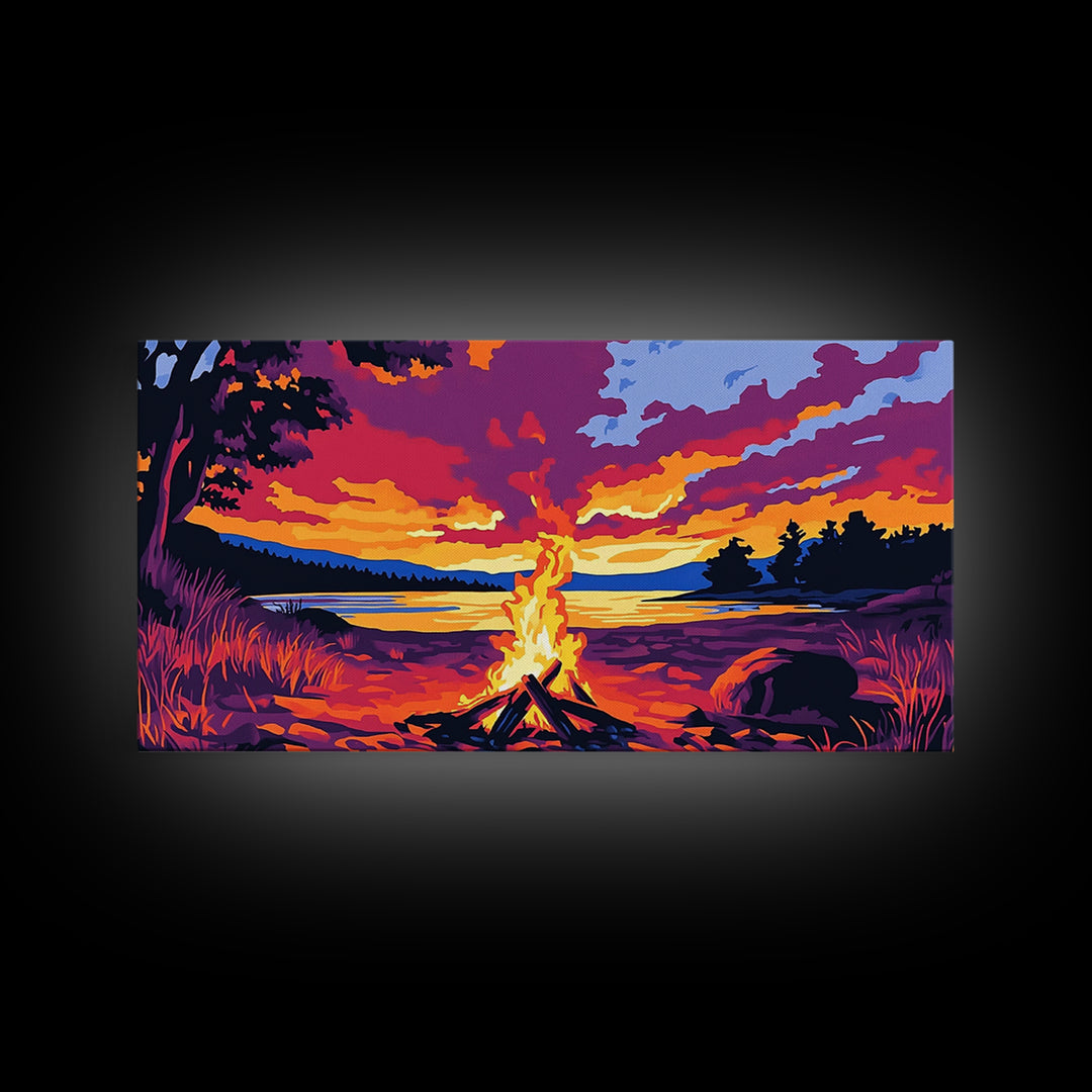 Bonfire, lakeside evening, autumn wall art, warm sunset painting, outdoor adventure art, extra wide art, framed canvas print
