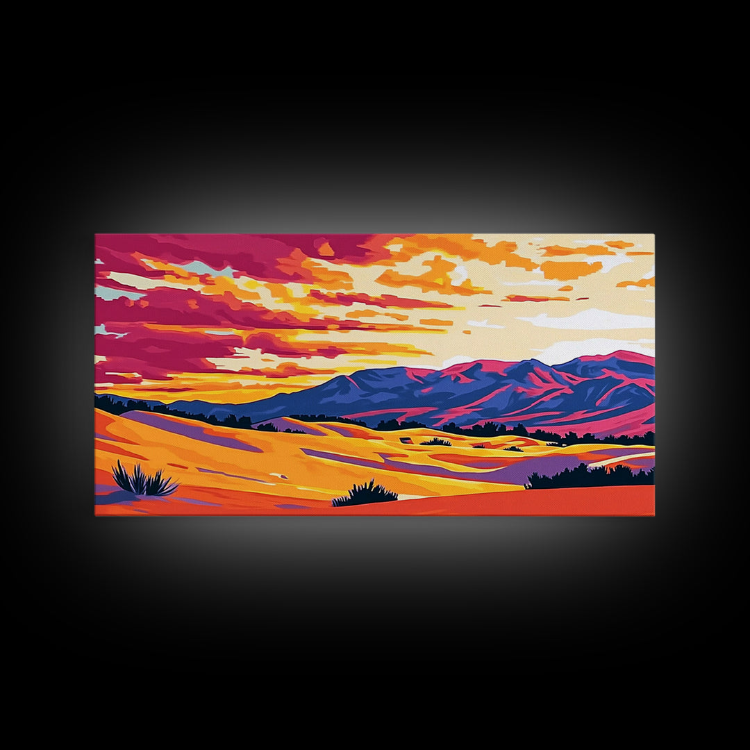 Desert dunes, mountain painting, western sunset, scenic landscape art, minimalist boho decor, panoramic art, framed canvas print