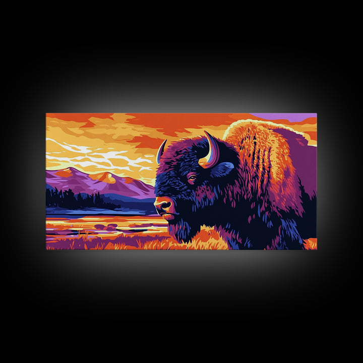 Bison, mountain scenery, rustic wildlife decor, western art, nature lover gift idea, farmhouse wall art, framed canvas print