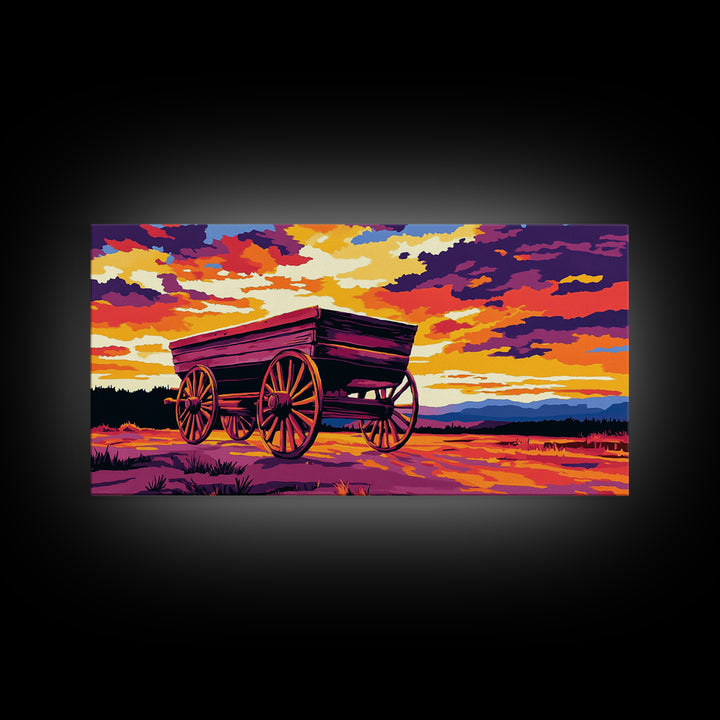 Covered wagon, prairie landscape, rustic western art, historical painting, farmhouse decor, extra wide art, framed canvas print
