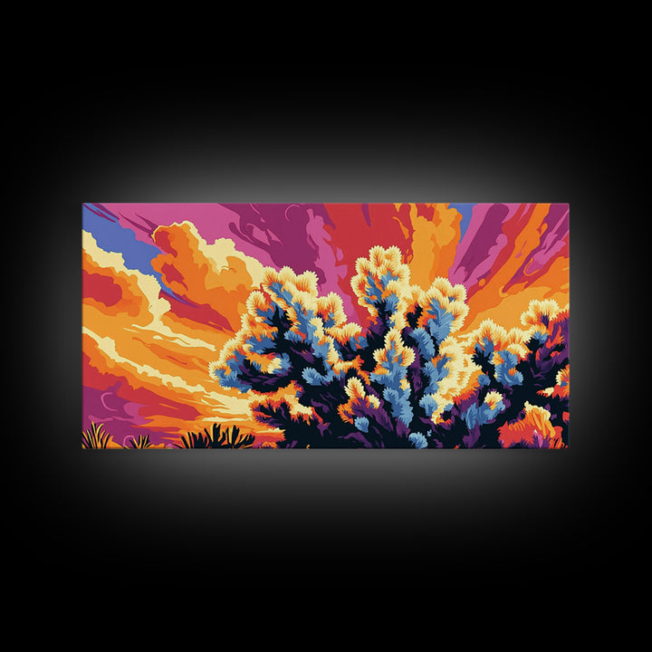 Joshua Tree, desert landscape, sunset art, boho decor, southwest wall art, extra wide art, framed canvas print, panoramic painting