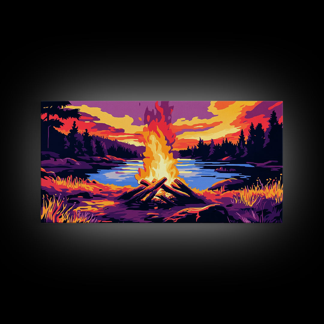 Campfire, lake sunset, rustic art, outdoor decor, cozy cabin wall art, smoky mountain art, framed canvas print, horizontal wall art