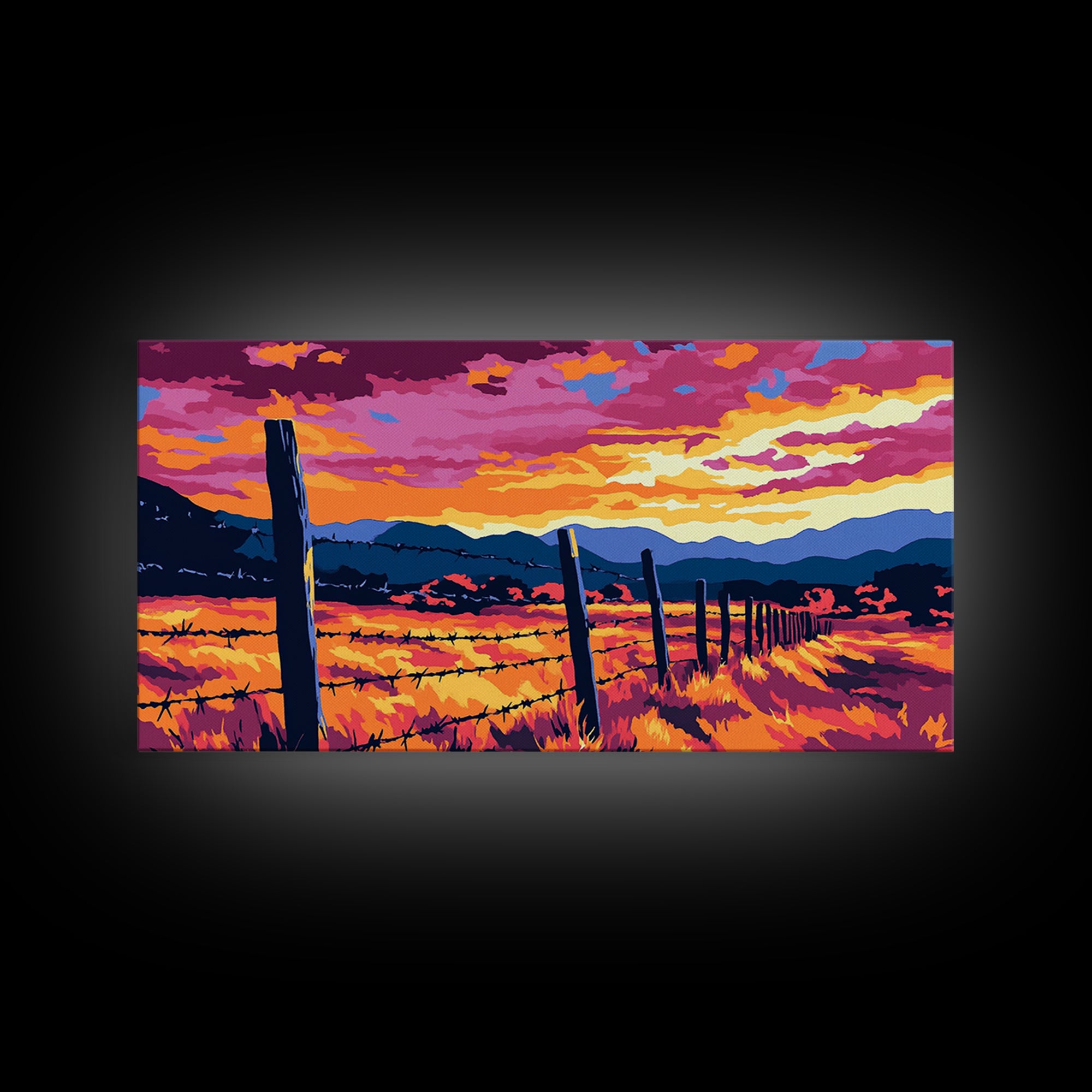 Barbed Fence, rustic art, country painting, extra wide art, farmhouse wall art, landscape painting, horizontal wall art, Framed Canvas Print