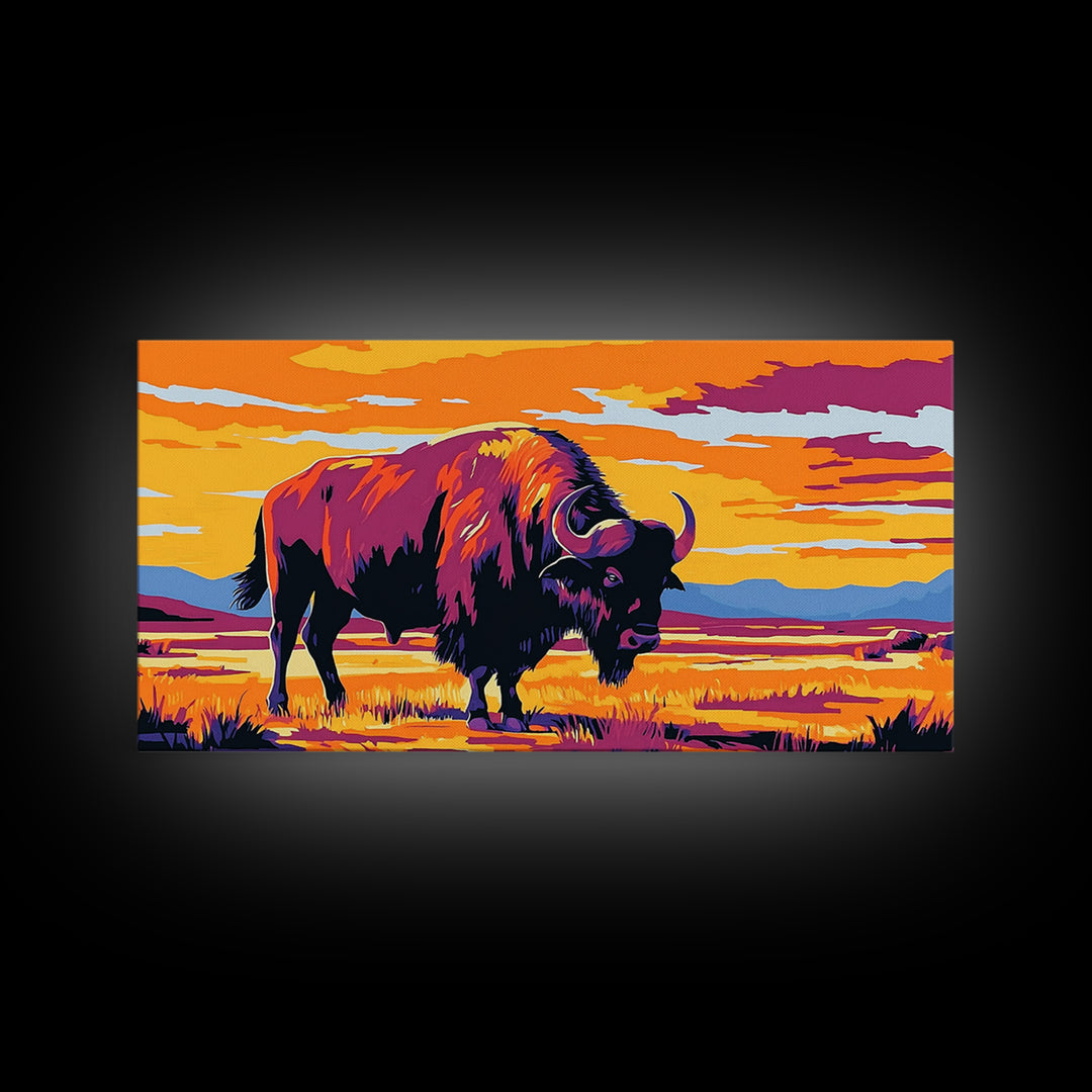 Bison Prairie, rustic art, southwest wall art, landscape painting, extra wide art, panoramic painting, farmhouse art, Framed Canvas Print