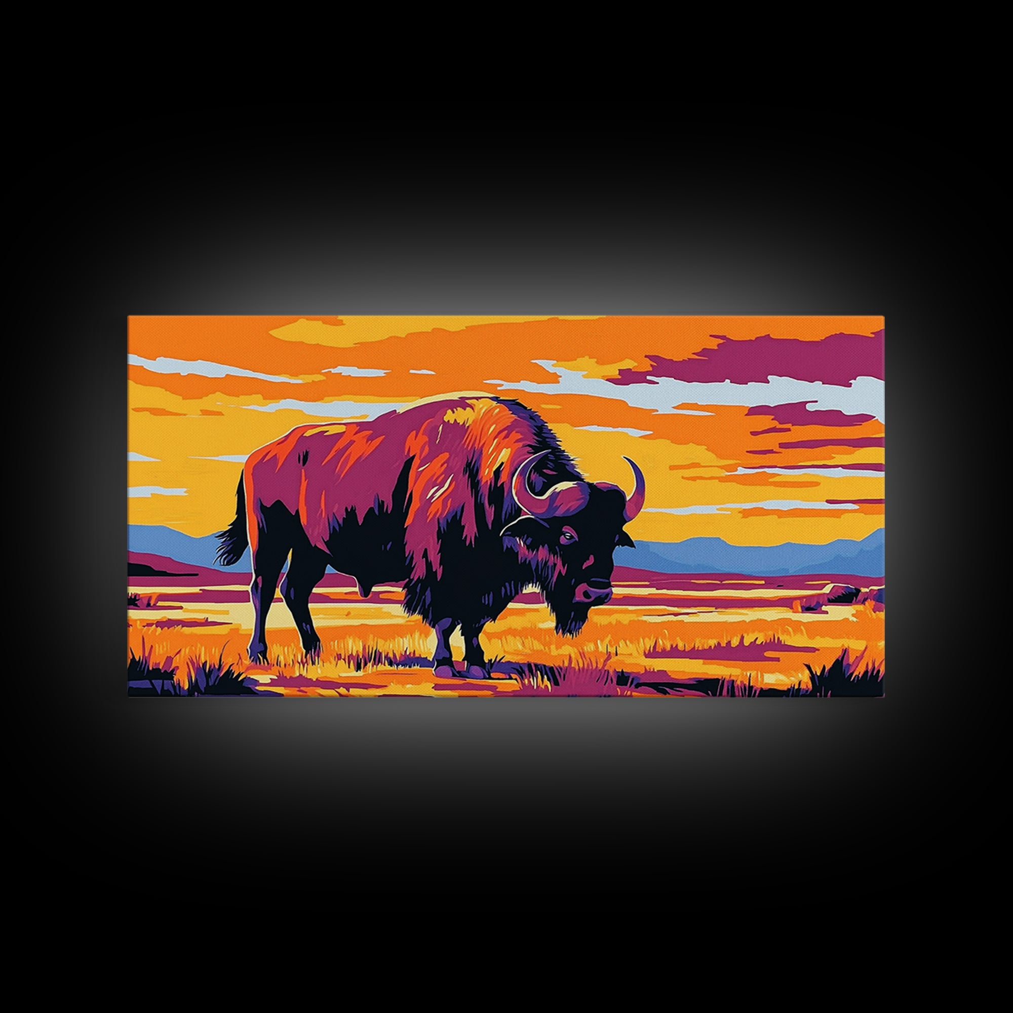 Bison Prairie, rustic art, southwest wall art, landscape painting, extra wide art, panoramic painting, farmhouse art, Framed Canvas Print