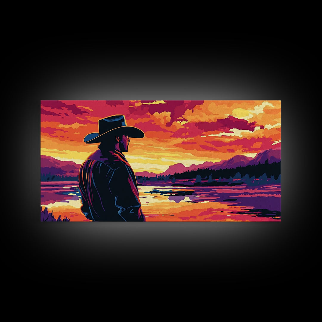 Cowboy Silhouette, Western Art, Southwest Wall Art, Rustic Decor, Moody Art, Framed Canvas Print, Gift Idea, Panoramic Art, Horizontal Wall Art