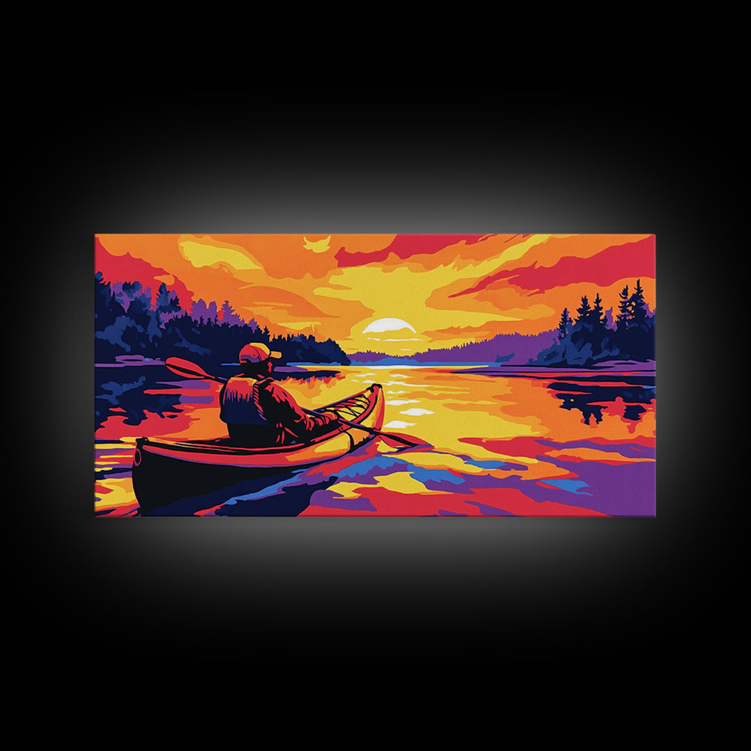 Kayaker at Sunset, fisherman painting, nautical painting, coastal landscape art, rustic decor, panoramic painting, canvas print