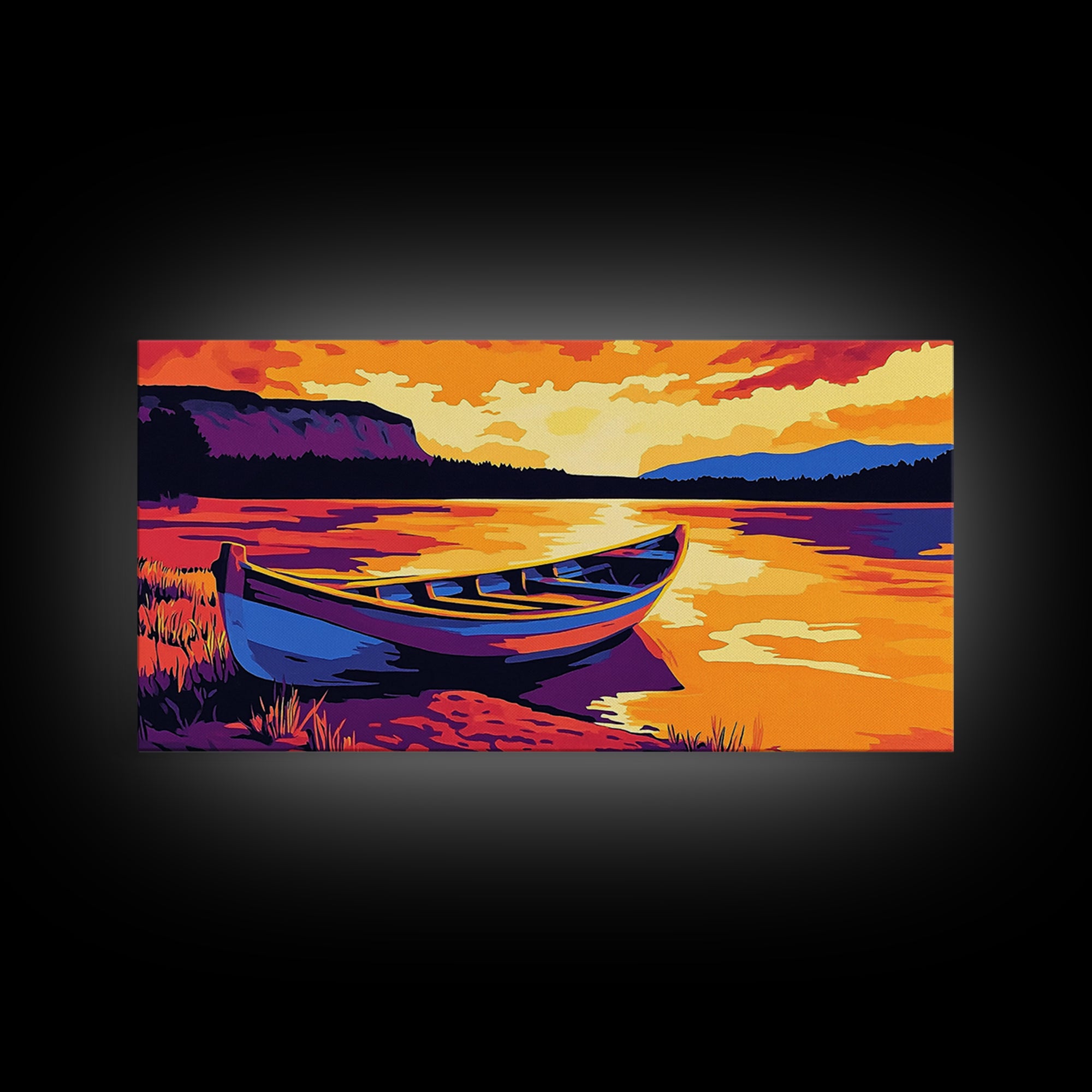 Boat on the Shore, nautical painting, seascape painting, rustic decor, above couch art, panoramic painting, extra wide art, canvas print