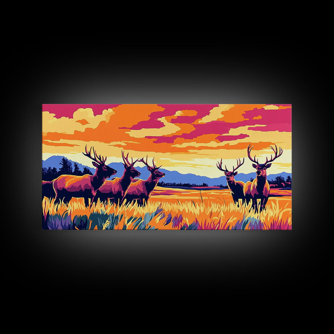 Autumn Elk, wildlife painting, deer drinking water in forest painting, rustic decor, farmhouse art, landscape painting, framed canvas print