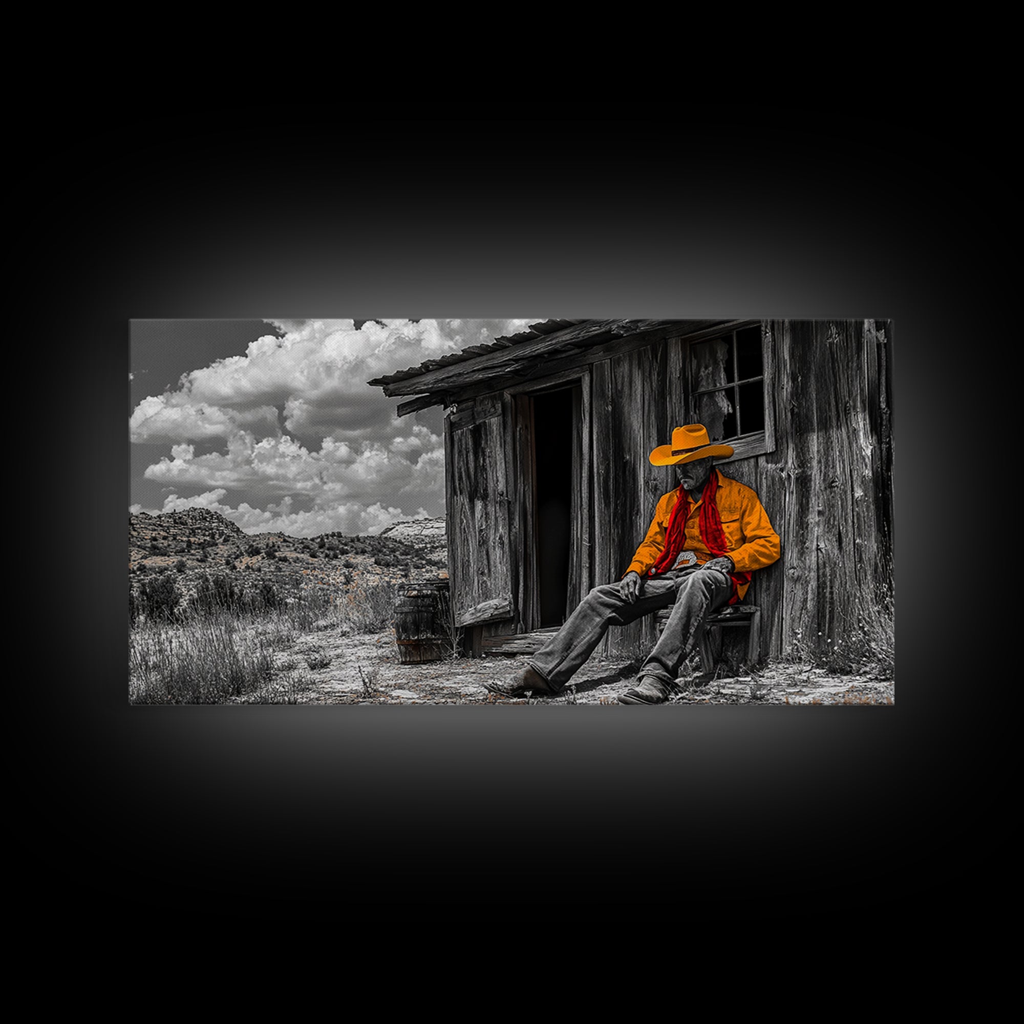 Cowboy Cabin Framed Canvas Print | Rustic Wall Art | Southwest Decor | Chicano Art | Above Couch Art | Moody Art | Western Landscape Art