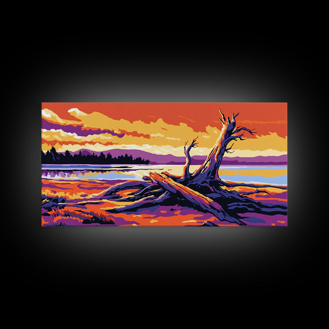 Driftwood Beach Scene, coastal landscape art, nautical painting, rustic wall art, ocean sunset art, panoramic art, framed canvas print