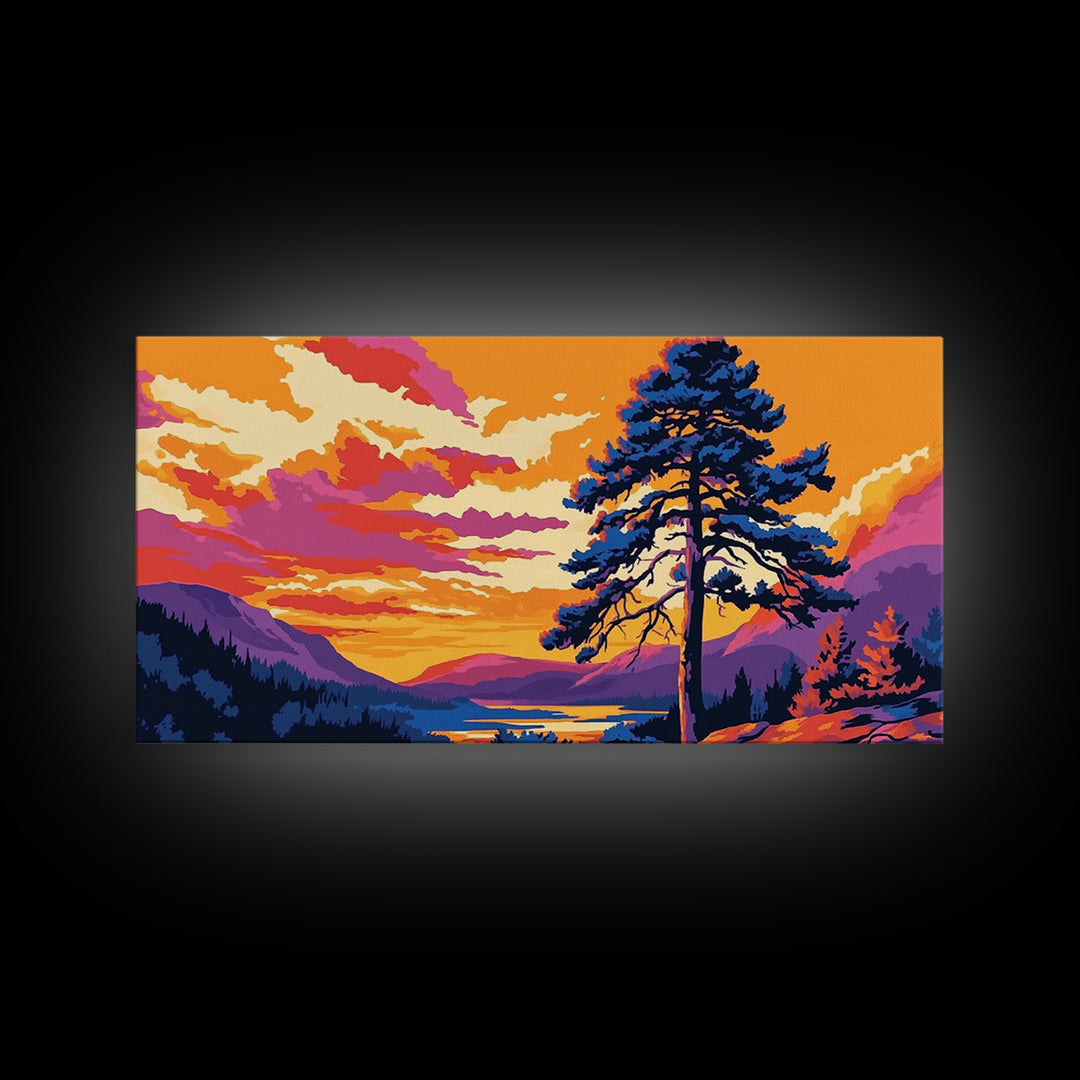 Pine Tree Sunset, smoky mountain art, Joshua tree art, landscape painting, rustic decor, extra wide wall art, framed canvas print