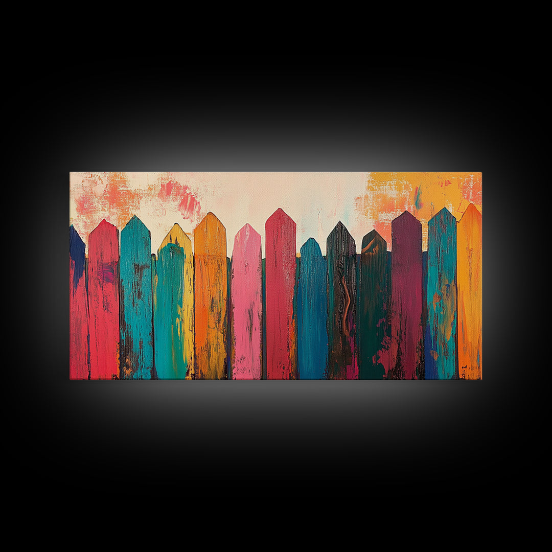 Rustic Fence Art, farmhouse art, rustic wall art, wabi sabi art, colorful wood painting, extra wide art, canvas print, southwestern decor