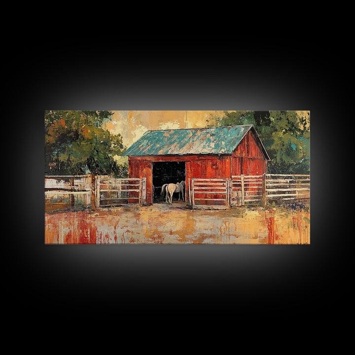 Rustic Barn Scene, barn landscape oil painting, western wall art, farmhouse decor, rural life painting, extra wide art, framed canvas print, wabi sabi art