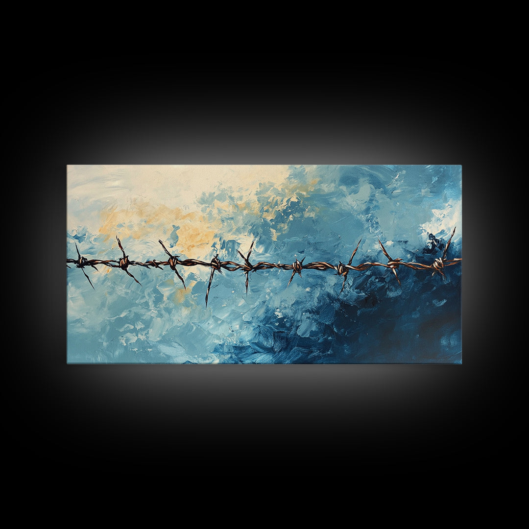 Barbed Wire, Rustic Wall Art, Southwest Art, Minimalist Art, Moody Painting, Extra Wide Art, Western Landscape Art, Framed Canvas Print