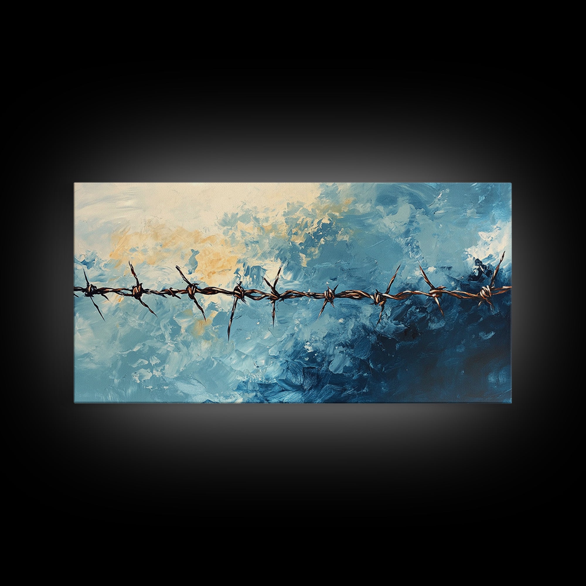 Barbed Wire, Rustic Wall Art, Southwest Art, Minimalist Art, Moody Painting, Extra Wide Art, Western Landscape Art, Framed Canvas Print