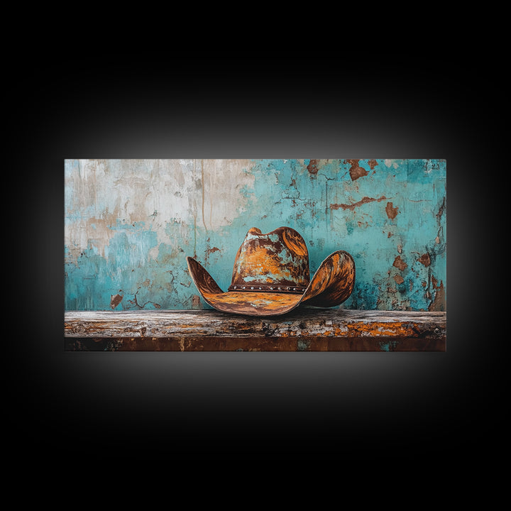 Cowboy Hat Art, Framed Canvas Print, Rustic Decor, Southwest Wall Art, Extra Wide Art, Farmhouse Art, Moody Art, Western Wall Art