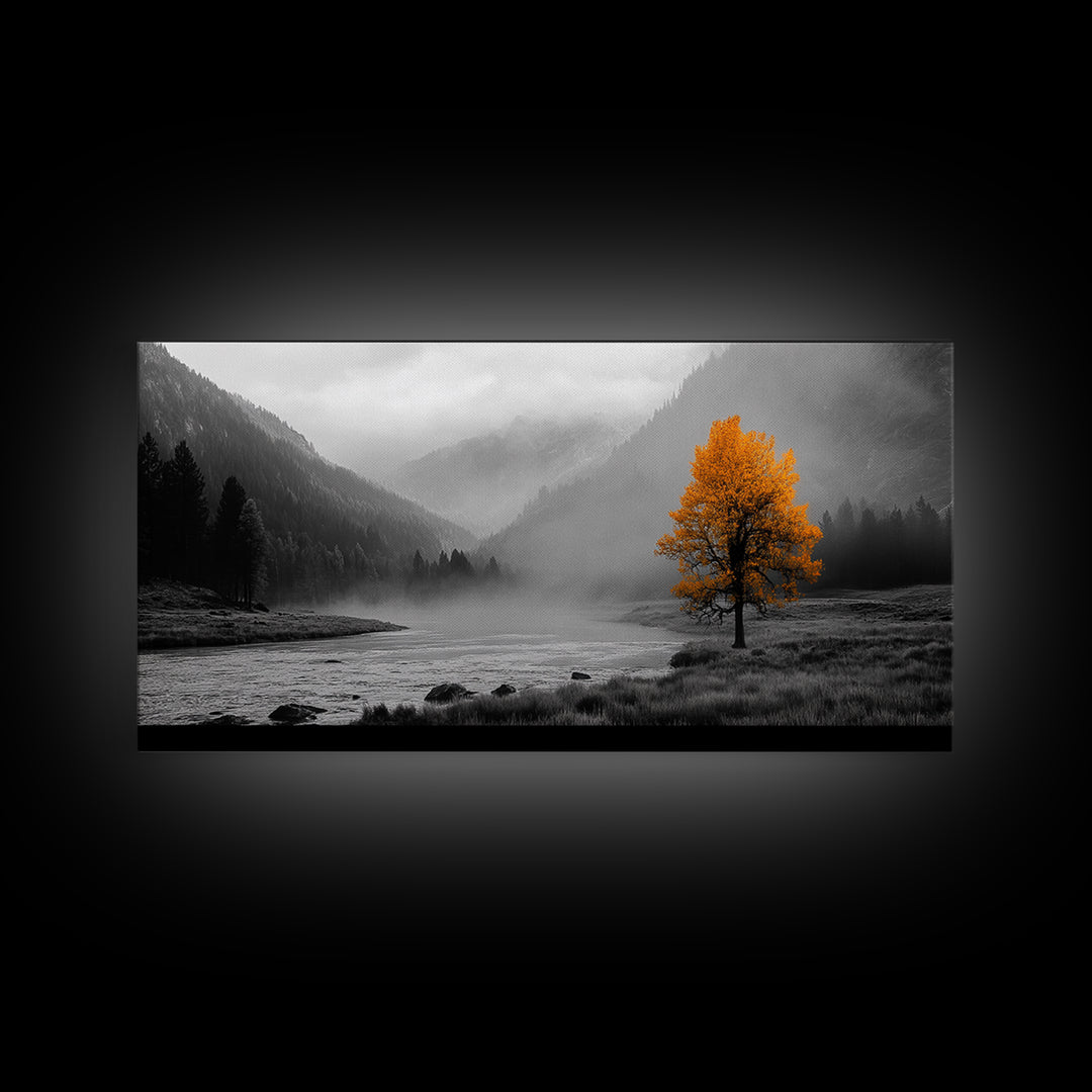 Autumn Tree in Fog, smoky mountain art, pine tree art, wabi sabi art, forest at dusk painting, fall wall art, rustic decor, Framed Canvas Print