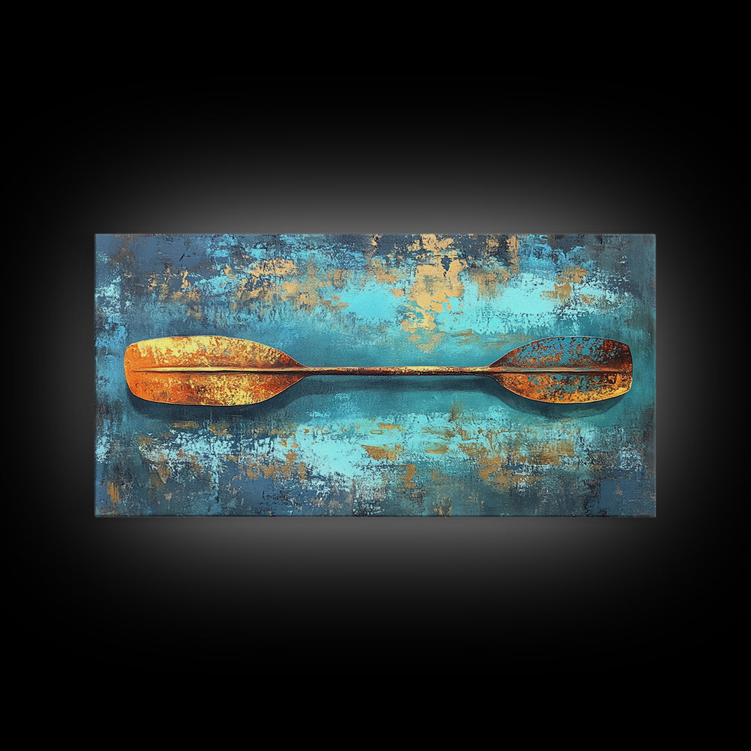 Rustic Oar, Coastal Decor, Nautical Wall Art, Teal Wall Art, Wabi Sabi Art, Gift Idea Him, Above Sofa Art, Framed Canvas Print, Boho Art