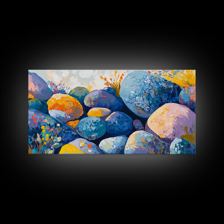 River Rocks, Whimsical Art, Mosaic Wall Art, Boho Art, Teal Wall Art, Nature Inspired Art, Abstract Landscape, Canvas Print, Gift Idea Her