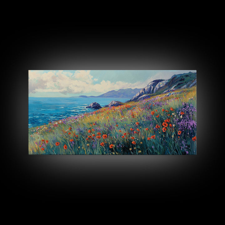 Coastal Wildflower Art, Framed Canvas Print, Poppy Wall Art, Coastal Landscape Art, Seascape Painting, Extra Wide Art, Above Couch Art
