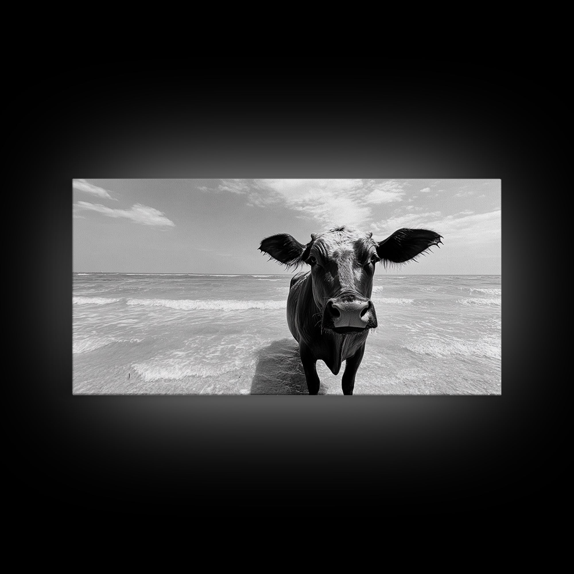 Curious Beach Cow, coastal wall art, cow painting, whimsical art, black and white photography, farmhouse decor, seascape painting, Canvas Print