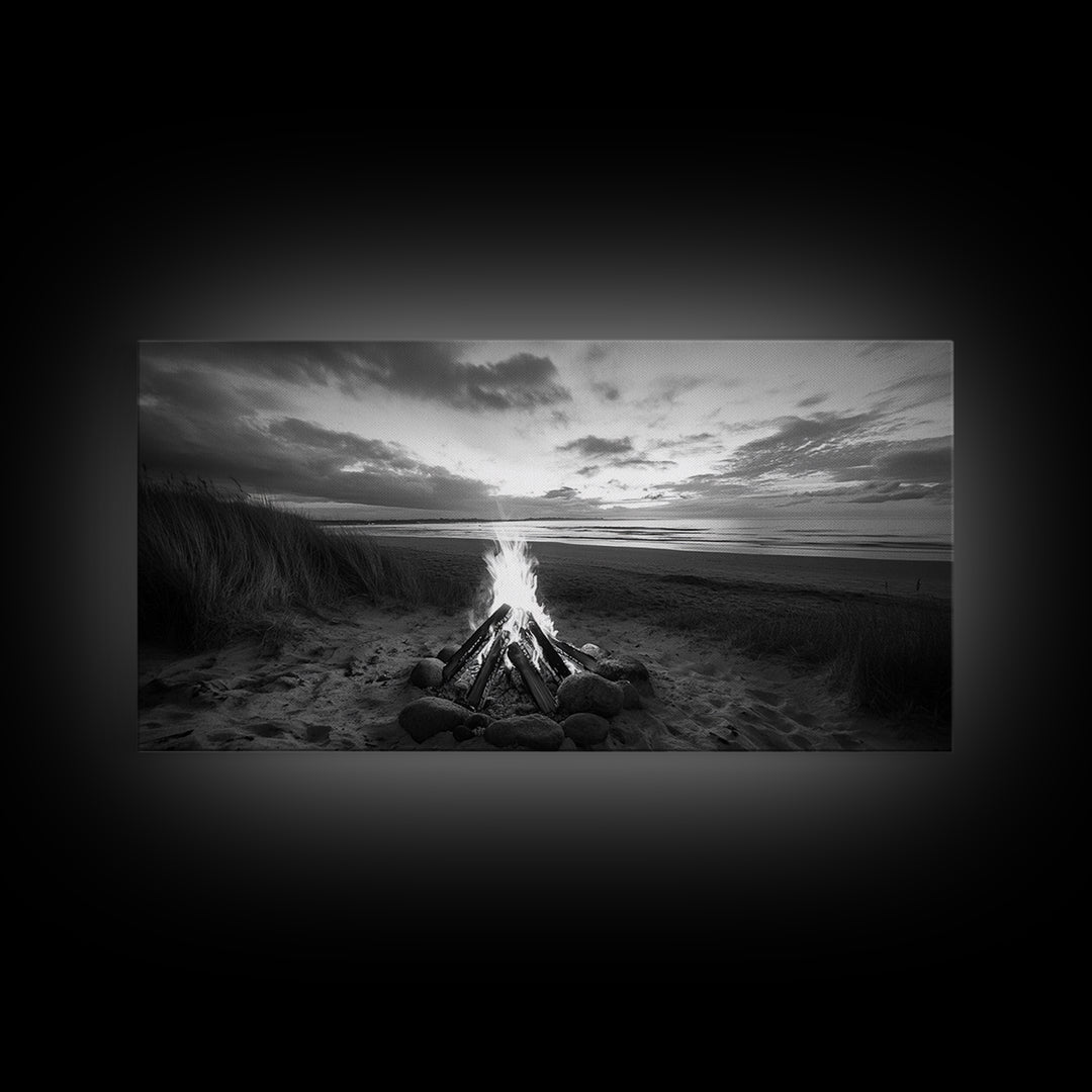 Bonfire on Beach, coastal decor, nautical painting, rustic art, beach sunset print, seascape painting, landscape painting, Framed Canvas Print