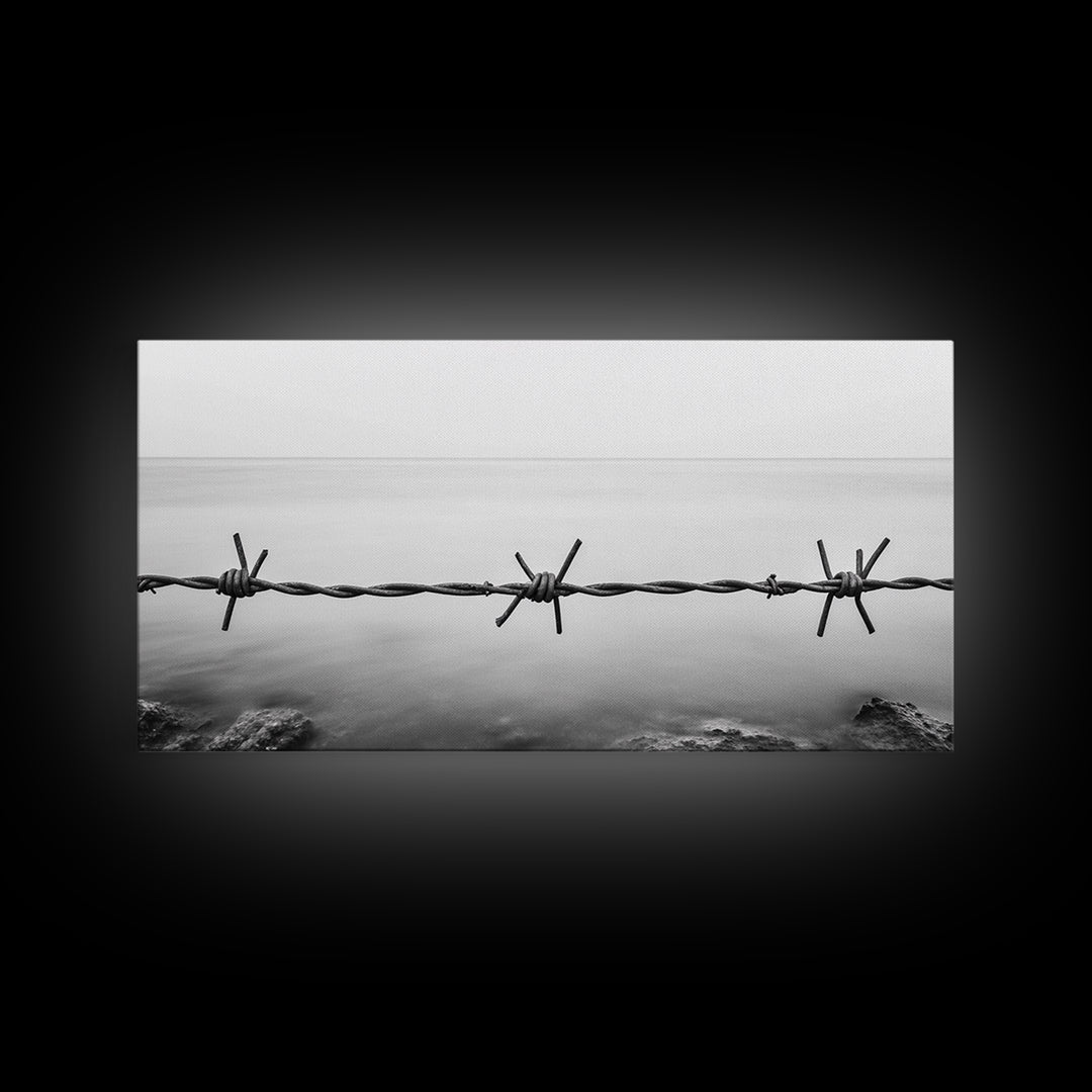 Barbed Wire, rustic decor, farmhouse art, minimalist black and white, modern wabi sabi wall art, textured art, panoramic art, Canvas Print